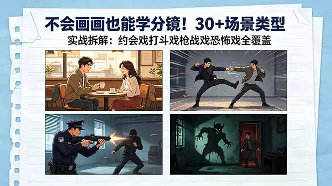 不会画画也能学！约会枪战等30+场景分镜实战拆解-91教程库