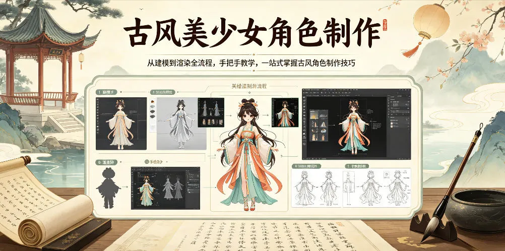 古风美少女角色制作全流程教学，一站式掌握古风建模渲染技巧-91教程库