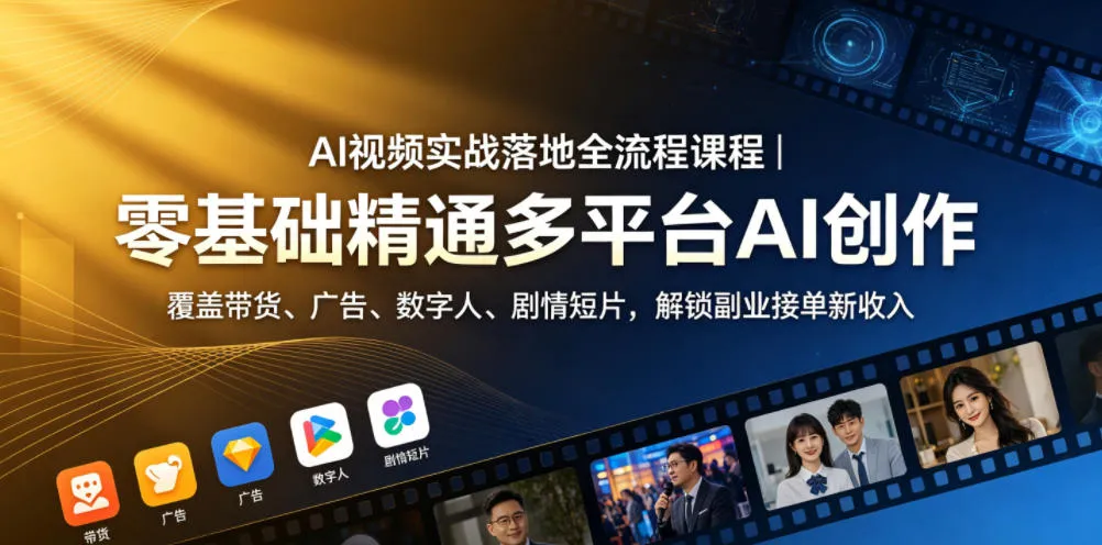 零基础学AI视频创作全流程，解锁带货广告等多领域副业接单机会-91教程库